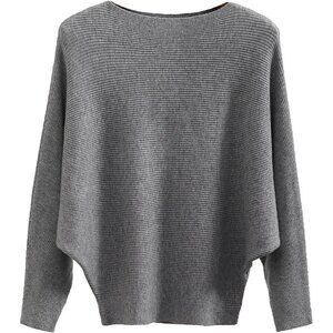 Women's Grey Knit Oversized Sweater Batwing Sleeves Boat Neck Pullover